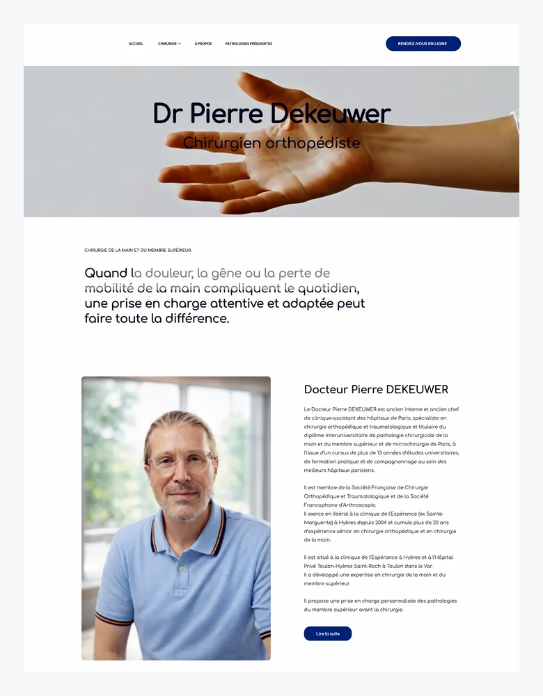 Site Dr Dekeuwer Chirurgie de la main réalisé par Mystorie, parcours médical clair et premium