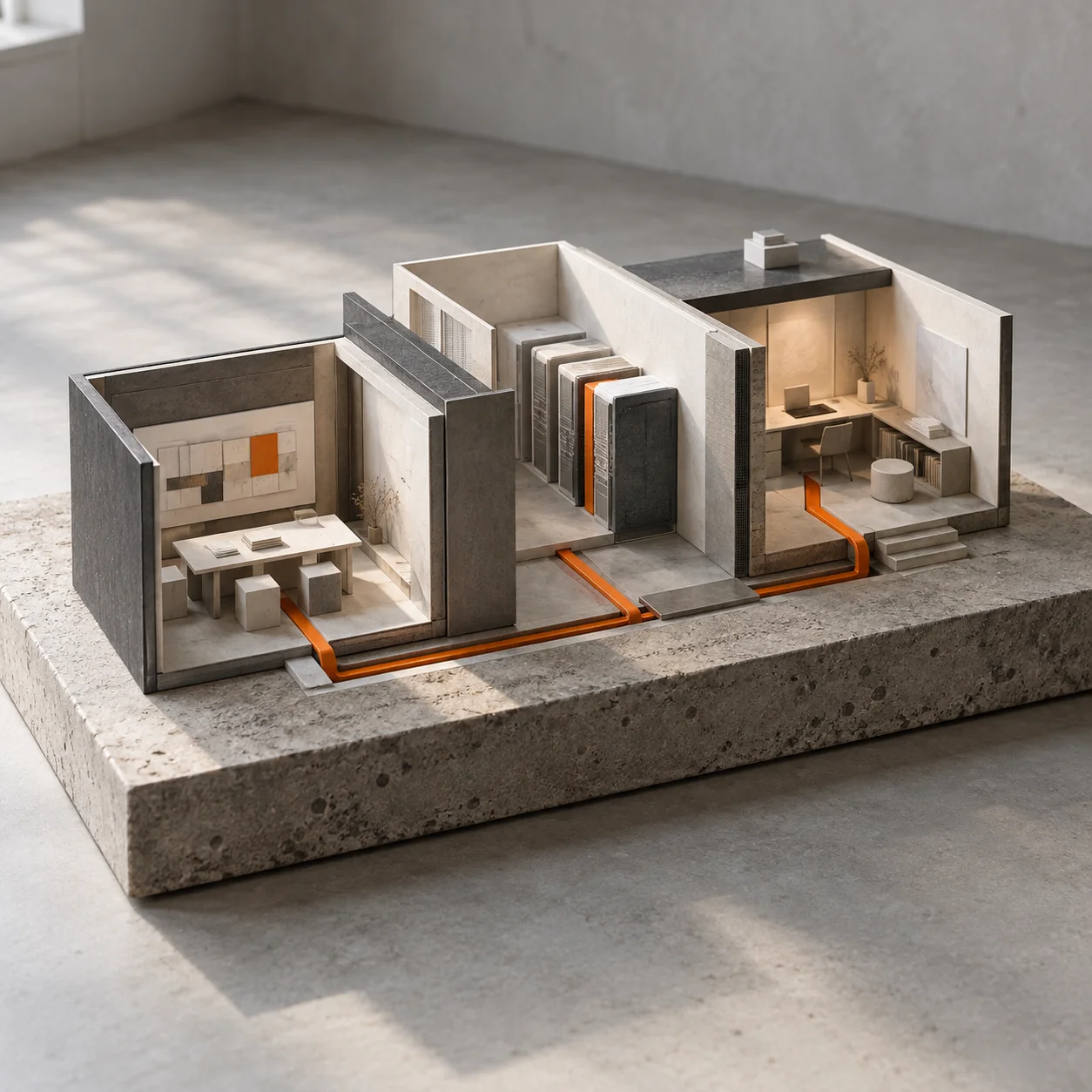 Maquette architecturale modulaire reliée par un parcours orange, symbole de conception