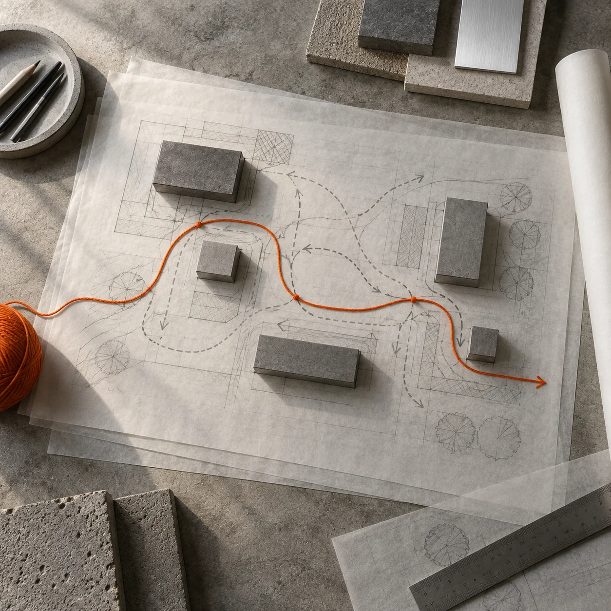 Plans et échantillons sur une table, traversés par un fil orange qui indique une direction