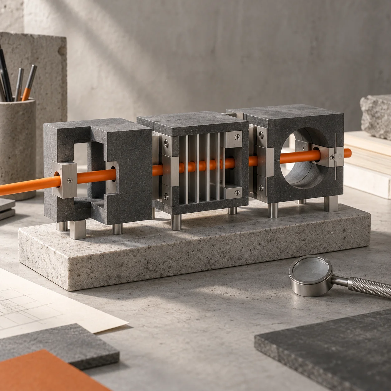 Assemblage de modules en graphite reliés par une connexion orange, symbole de réalisation et de contrôle